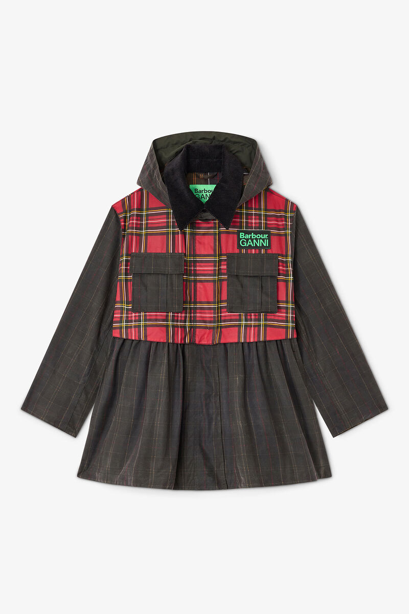 Peplum Wax Jacket in Tartan, Cotton, in colour Dark Green - 1 - GANNI