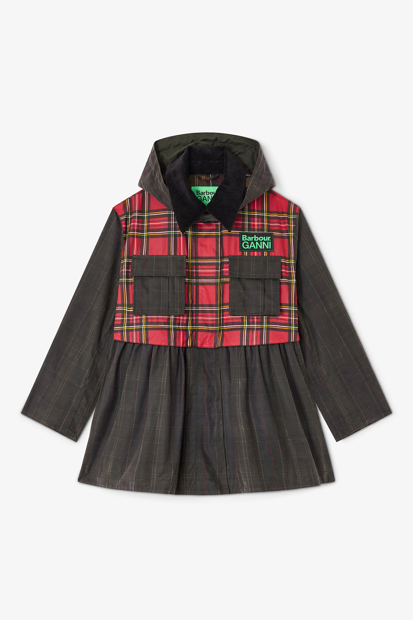 Peplum Wax Jacket in Tartan, Cotton, in colour Dark Green - 1 - GANNI