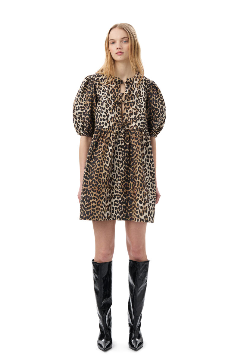 Leopard Printed Cotton Tie String Mini Dress, Cotton, in colour Leopard - 1 - GANNI