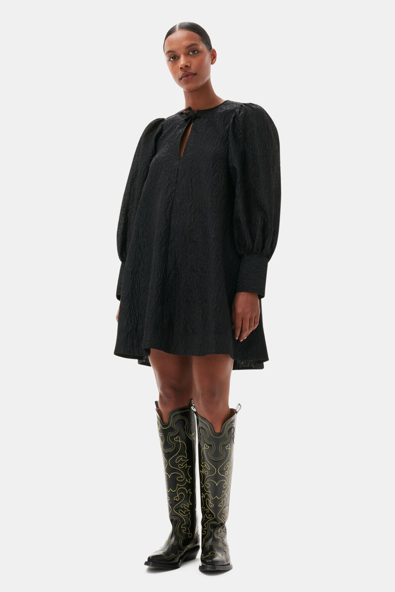 Black Jacquard Organza Mini Dress, Polyamide, in colour Black - 1 - GANNI