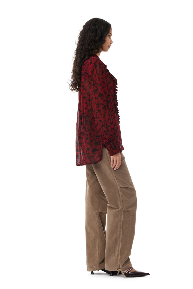Red Printed Light Georgette Ruffle Shirt, Viscose, in colour Syrah - 4 - GANNI