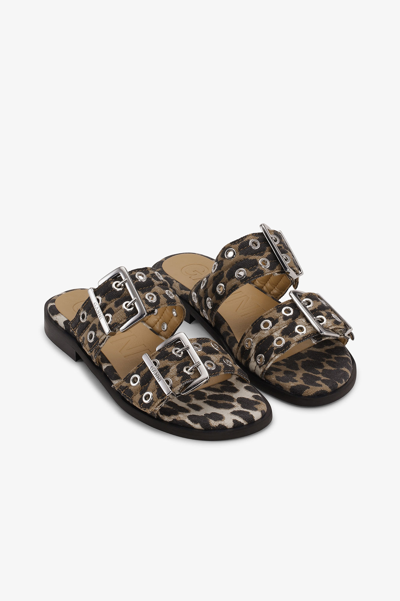 Sandales à deux sangles en denim et imprimé léopard, Cotton, in colour Leopard - 2 - GANNI