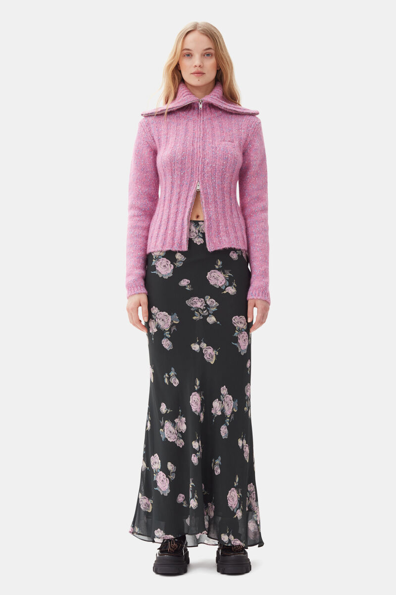 Pink Highneck Zip Cardigan, Alpaca, in colour Rose Violet - 2 - GANNI