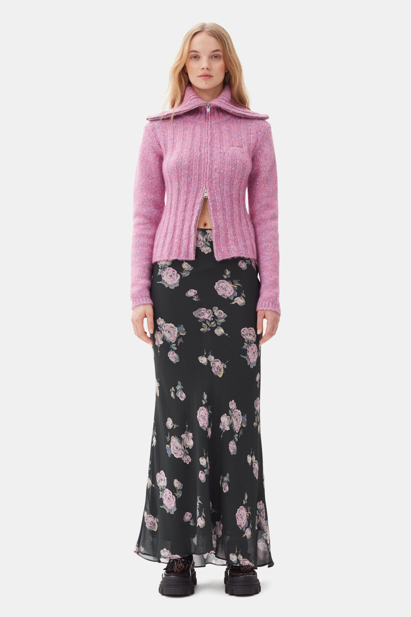 Pink Highneck Zip Cardigan, Alpaca, in colour Rose Violet - 2 - GANNI