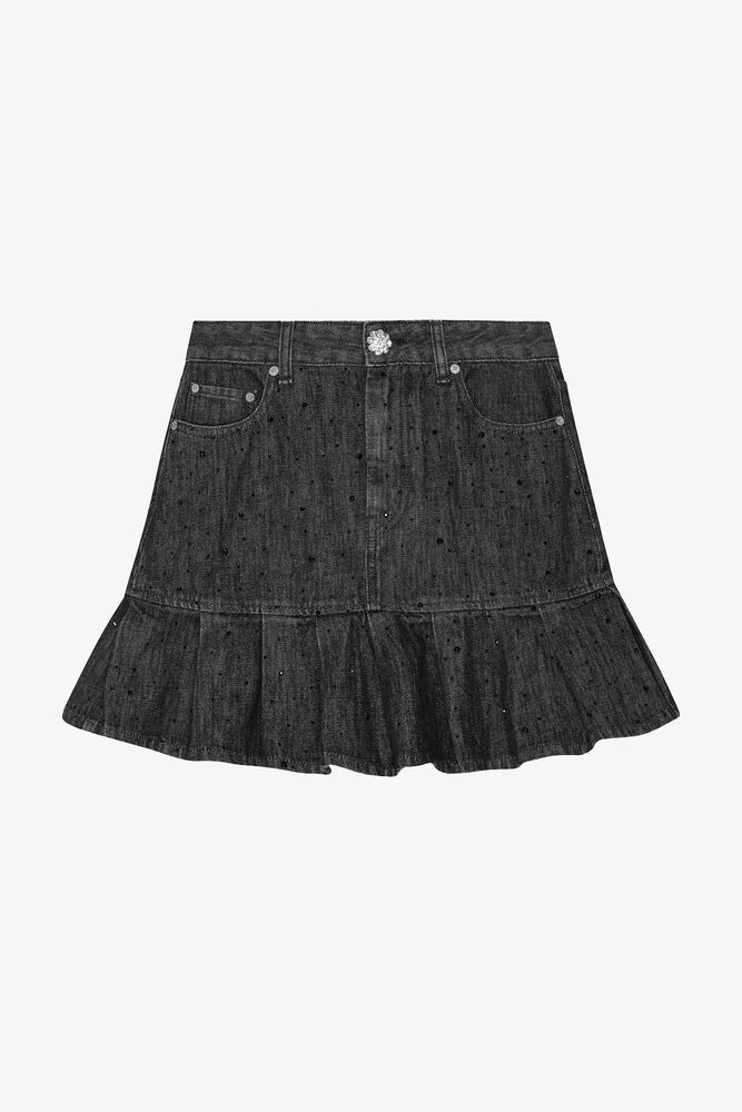 Glittrig Denim Plisserad Kjol, Washed Black/Black