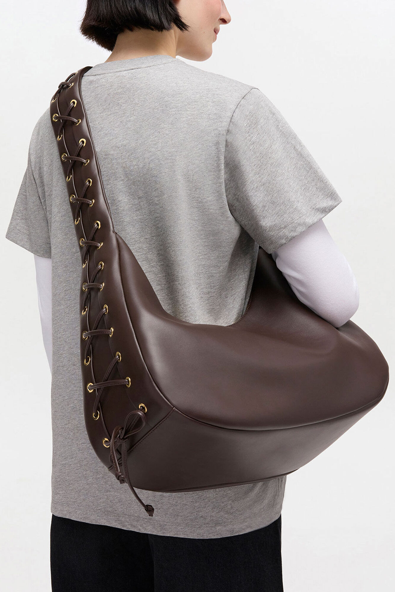 Brown Medium Laces Hobo Bag, Recycled Leather, in colour Chocolate Torte - 1 - GANNI