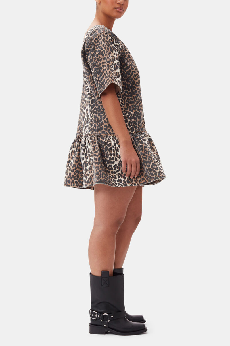 Leopard Open-back Mini Denim Dress, Organic Cotton, in colour Leopard - 7 - GANNI