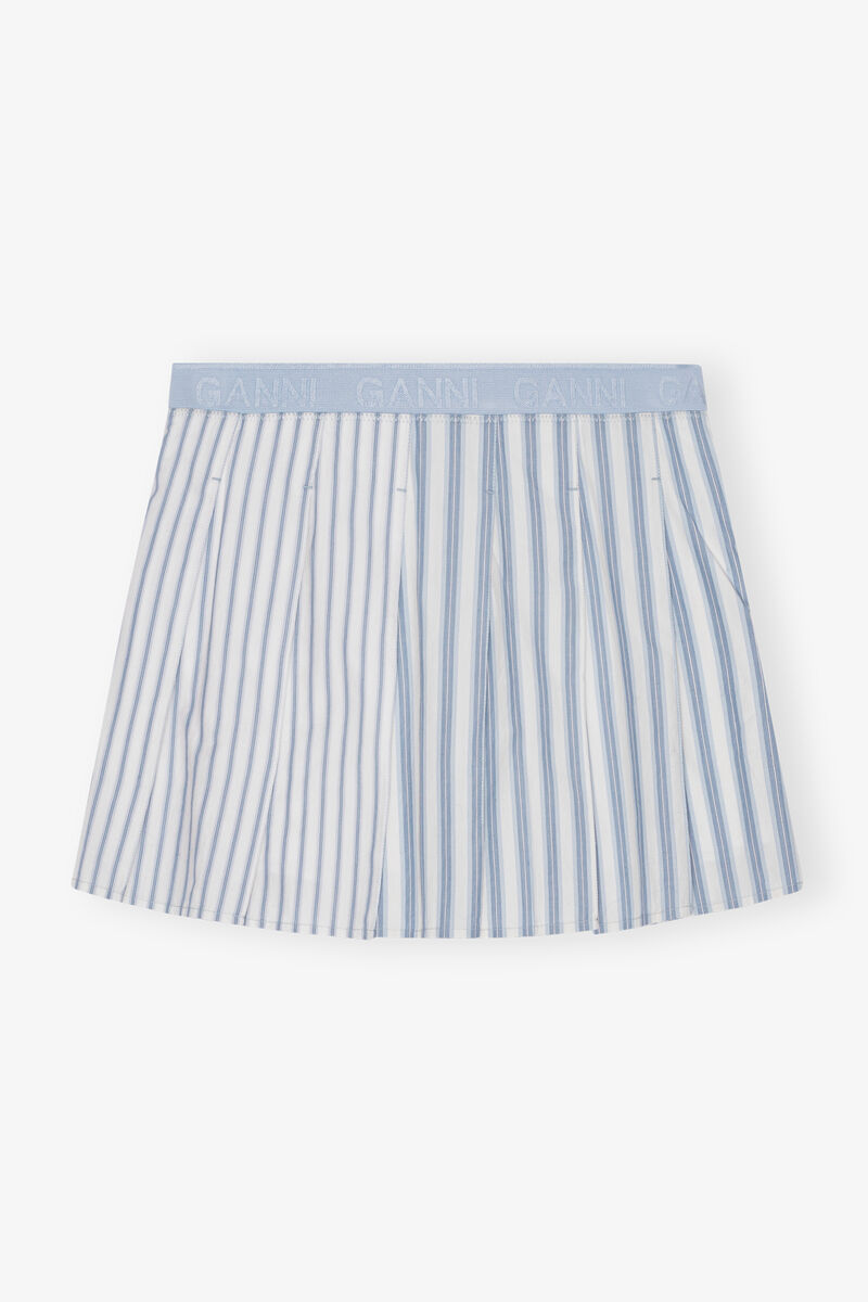 Blue Stripe Cotton Pleated Mini Skirt, Cotton, in colour Egret - 1 - GANNI