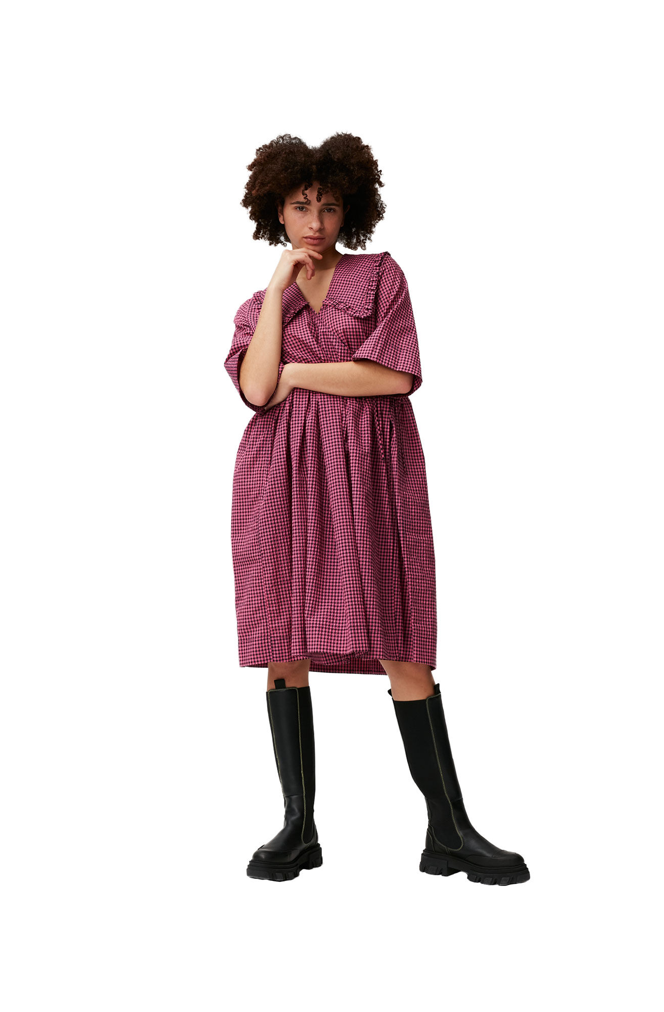 Oversized Seersucker Wrap Midi Dress, Polyamide, in colour Carmine Rose - 1 - GANNI