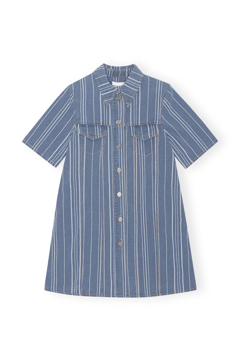 Light Stripe Denim Mini Dress, Cotton, in colour Mid Blue Stone - 1 - GANNI