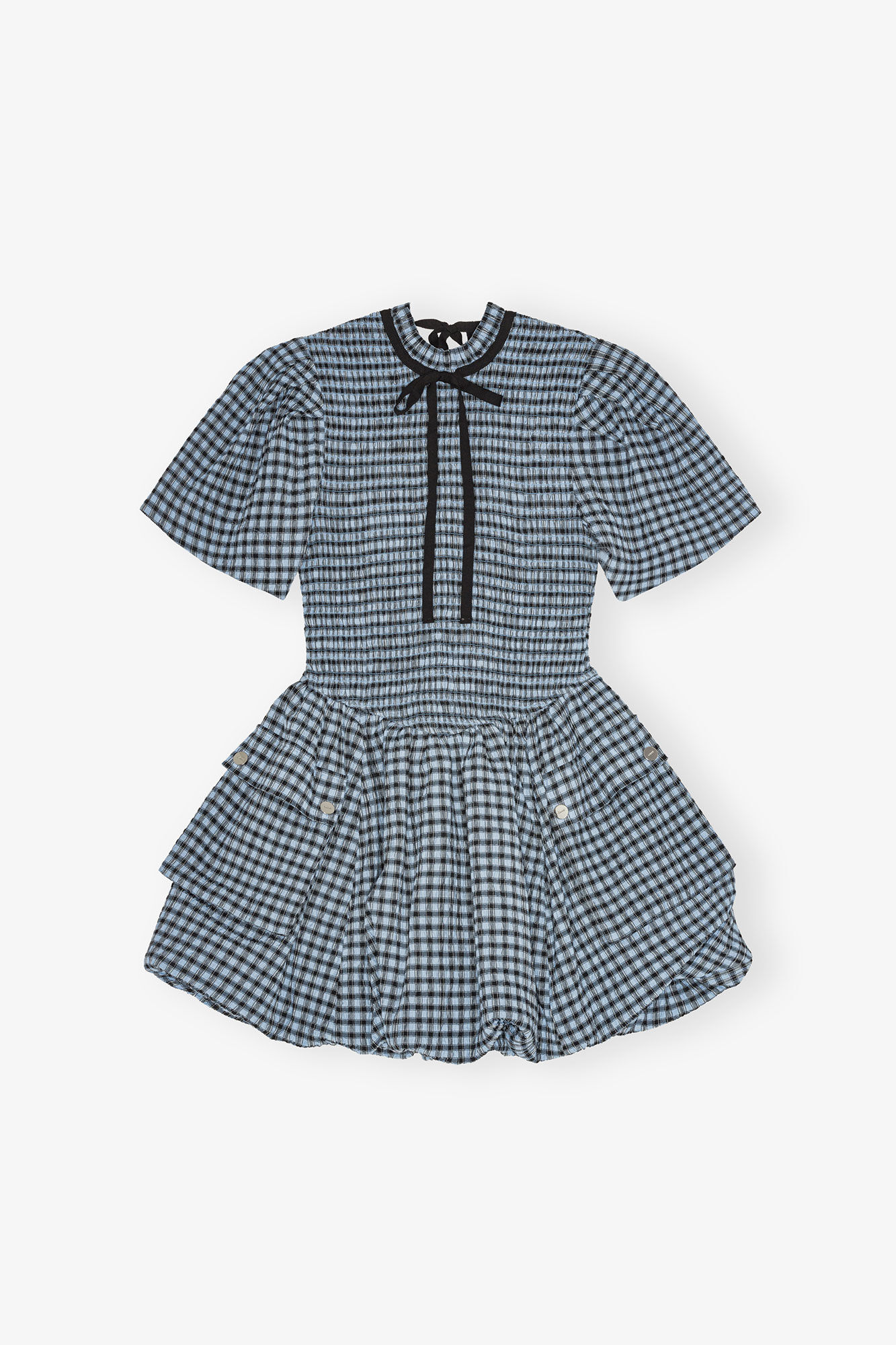 Blue Seersucker Check Mini Smock Dress, Elastane, in colour Soft Chambray - 1 - GANNI