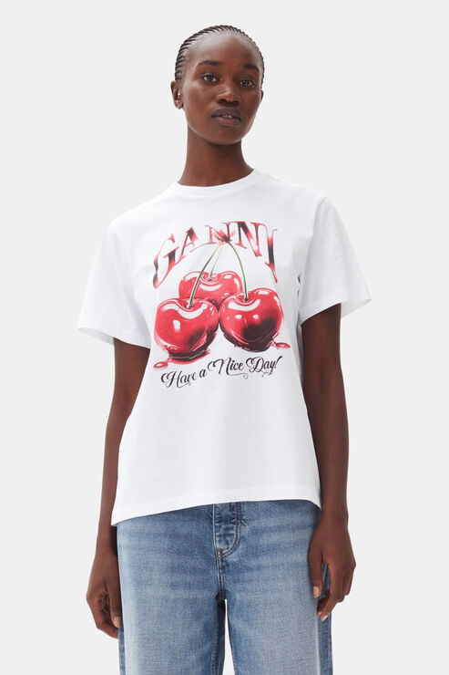 Ganni Women's Basic Jersey Cherry Relaxed T-Shirt In Bright White Organic Cotton Medium
