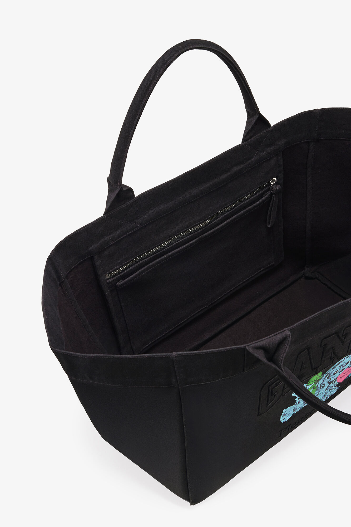 Black Puppy XXL Tote, Recycled Cotton, in colour Phantom - 3 - GANNI