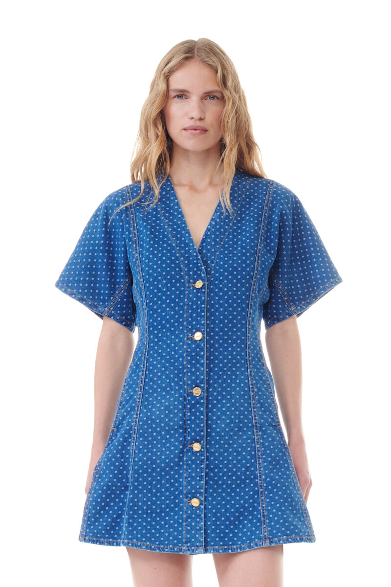 Blue Polka Dot Denim miniklänning, Cotton, in colour Mid Blue Stone - 2 - GANNI