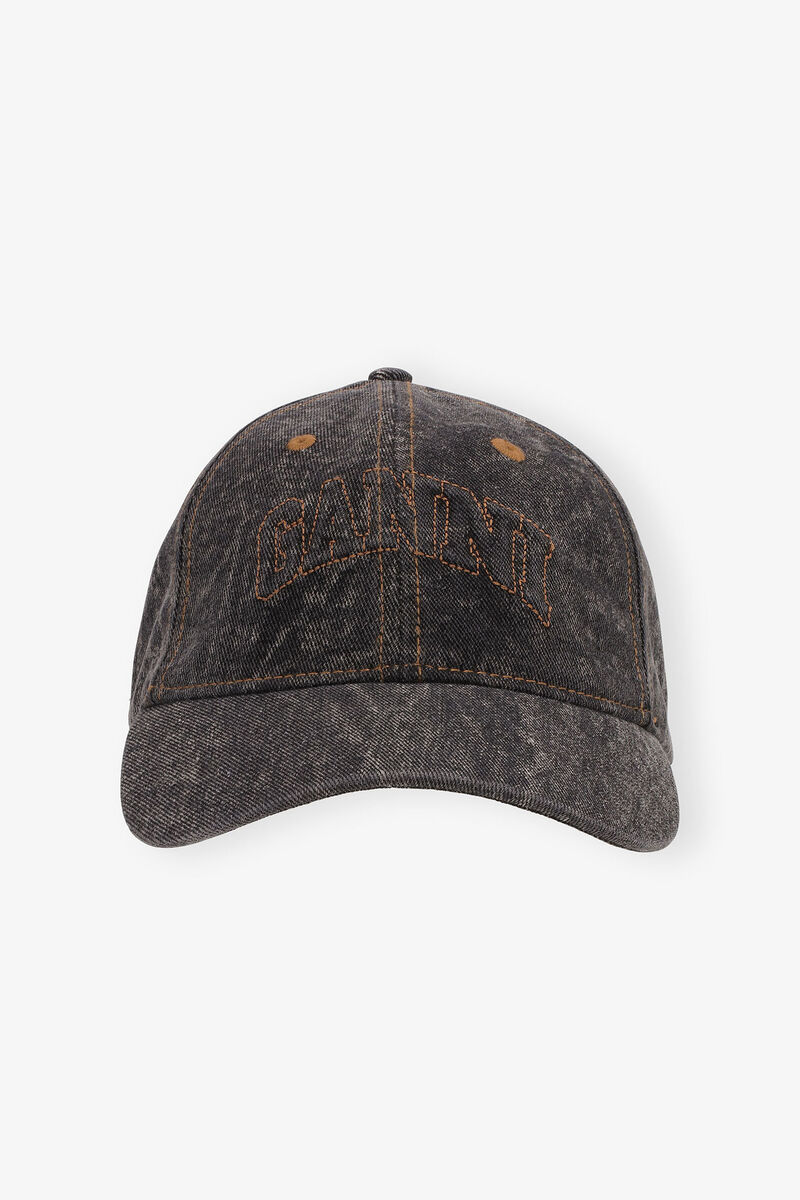 Cap in Black Denim, Recycled Polyester, in colour Washed Black/Black - 1 - GANNI