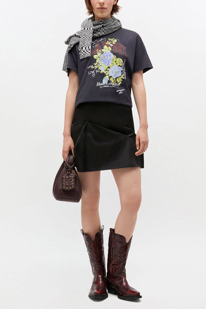 Sort T-shirt med roseprint, Organic Cotton, in colour Phantom - 2 - GANNI