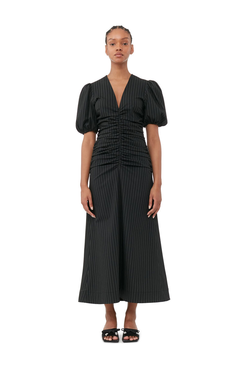 Stretch Stripe Gathered Long Dress, Elastane, in colour Black - 1 - GANNI