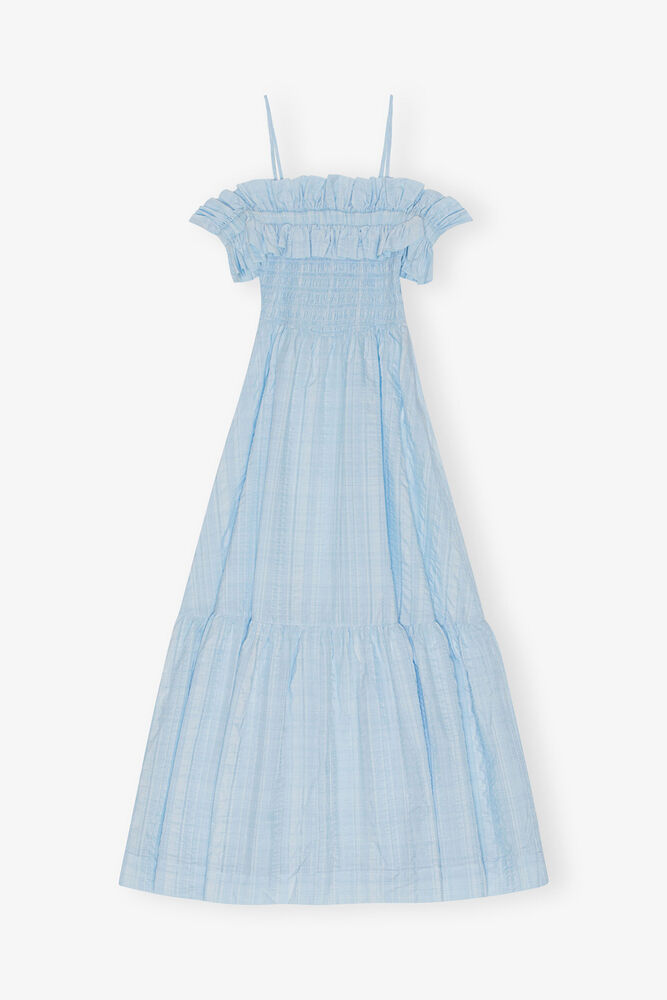 Seersucker Check Smock Maxi Dress, Ice Water