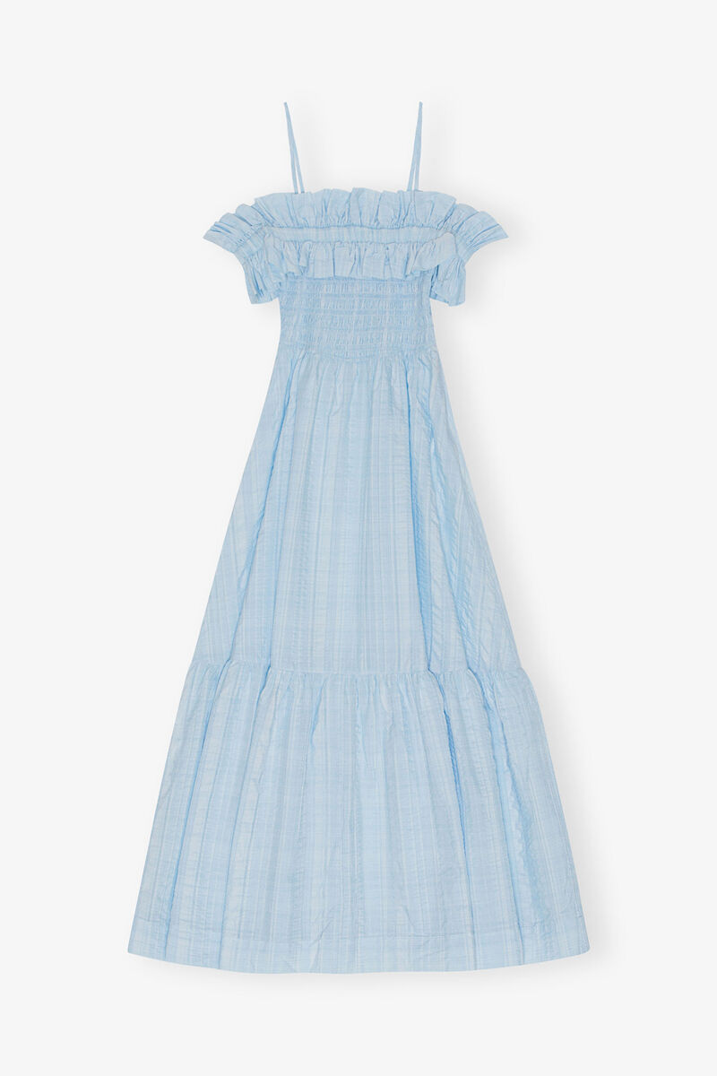 Seersucker Check Smock Maxi Dress, Organic Cotton, in colour Ice Water - 1 - GANNI