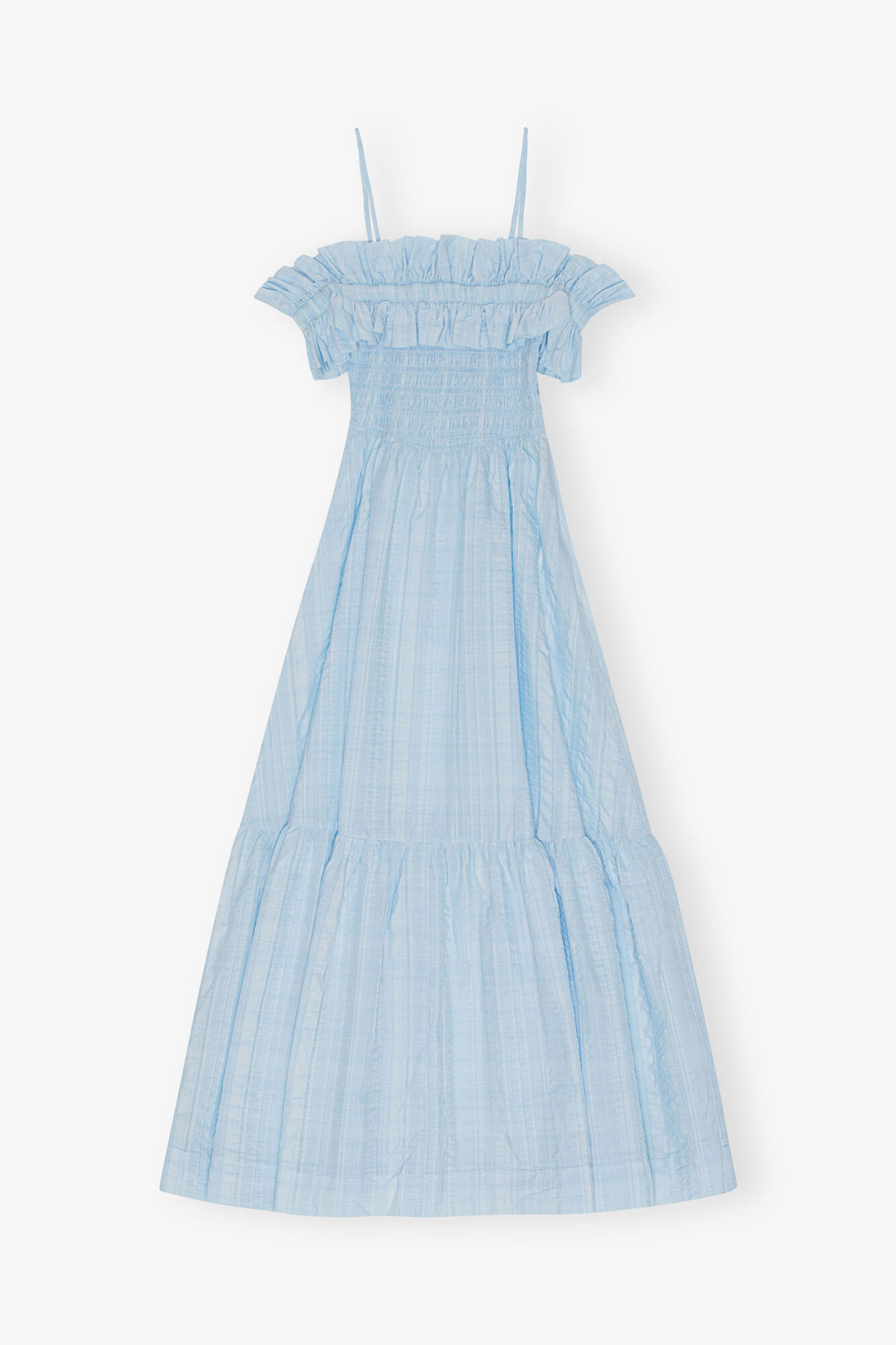Seersucker Check Smock Maxi Dress, Organic Cotton, in colour Ice Water - 1 - GANNI
