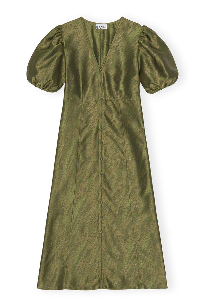 Shiny Jacquard V-neck Midi Dress, Avocado