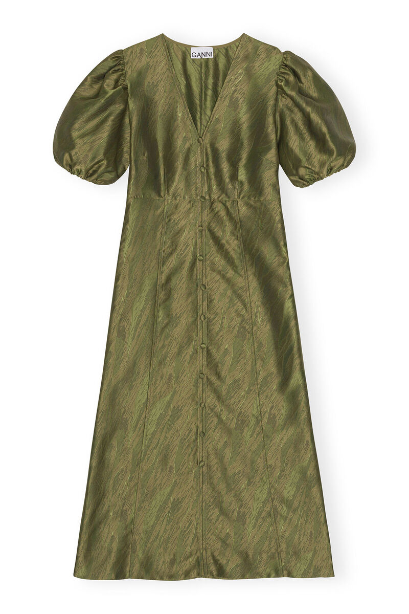Shiny Jacquard V-neck Midi Dress, Polyester, in colour Avocado - 1 - GANNI
