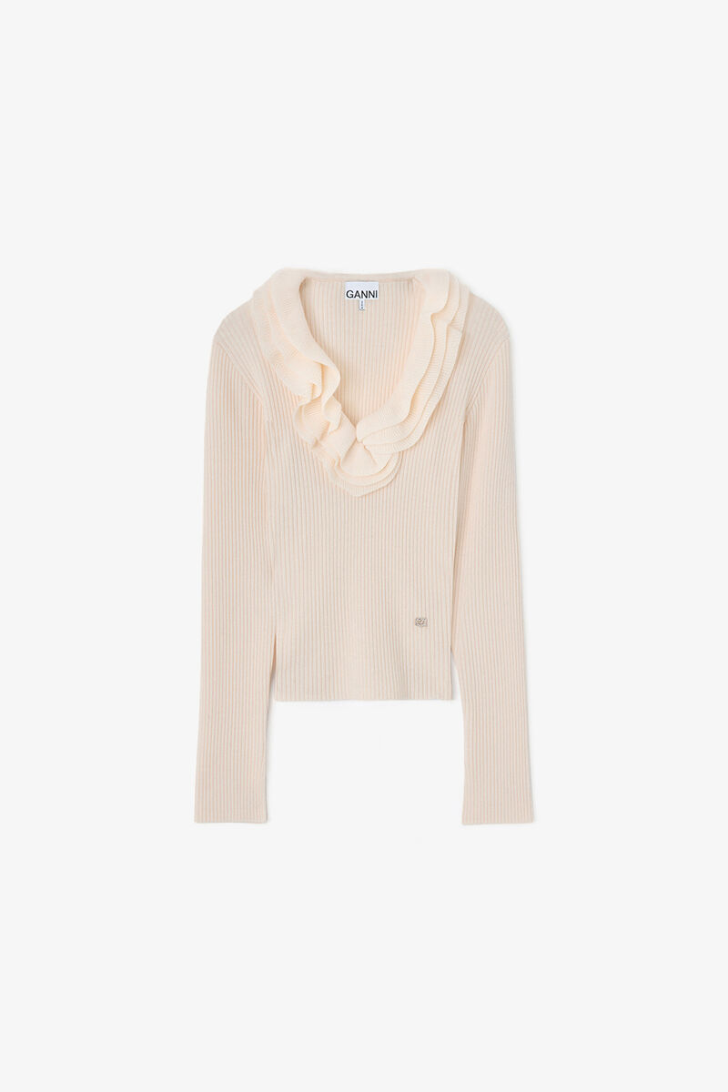 Top in Ribbed Merino, Merino Wool, in colour Egret - 1 - GANNI