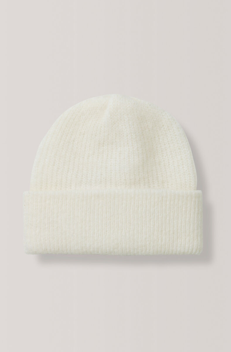 Soft Wool Knit Hat, Mohair, in colour Egret - 1 - GANNI