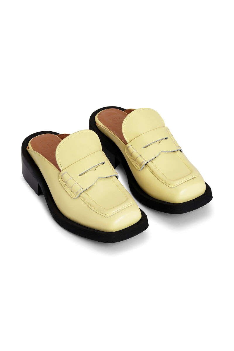 Square Toe Backless Loafers, Calf Leather, in colour Pale Banana - 3 - GANNI