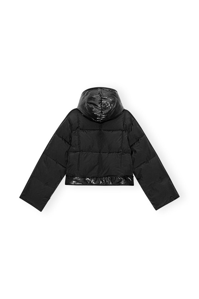 Black Short Hooded Puffer Jacket, LENZING™ ECOVERO™, in colour Black - 2 - GANNI