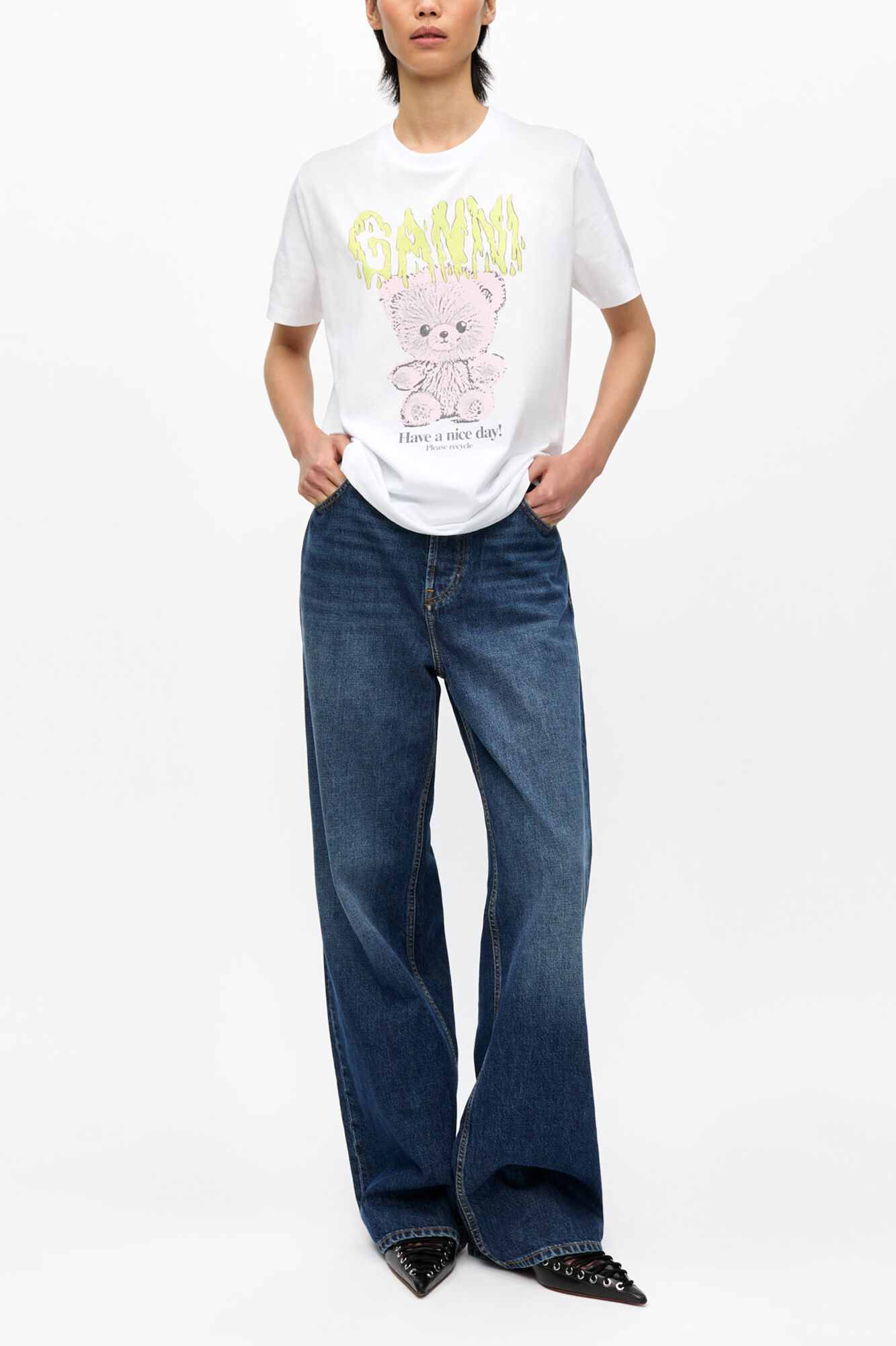 White Basic Cotton Jersey Teddy Relaxed T-shirt, Organic Cotton, in colour Bright White - 2 - GANNI