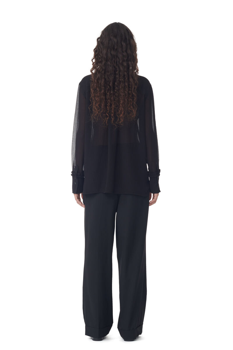 Black Chiffon Ruffle Skjorte, Recycled Polyester, in colour Black - 4 - GANNI