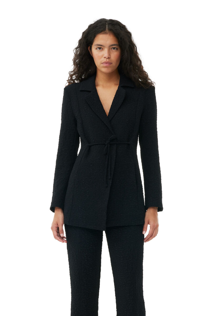 Black Textured Suiting Tie String Blazer, Polyester, in colour Black - 1 - GANNI