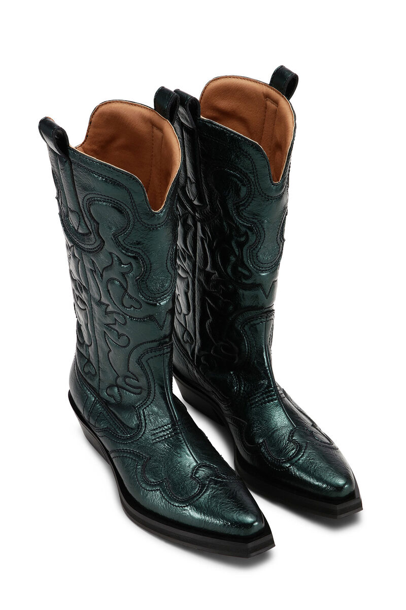 Green Metallic Mid Shaft Embroidered Western Boots, in colour Climbing Ivy - 2 - GANNI