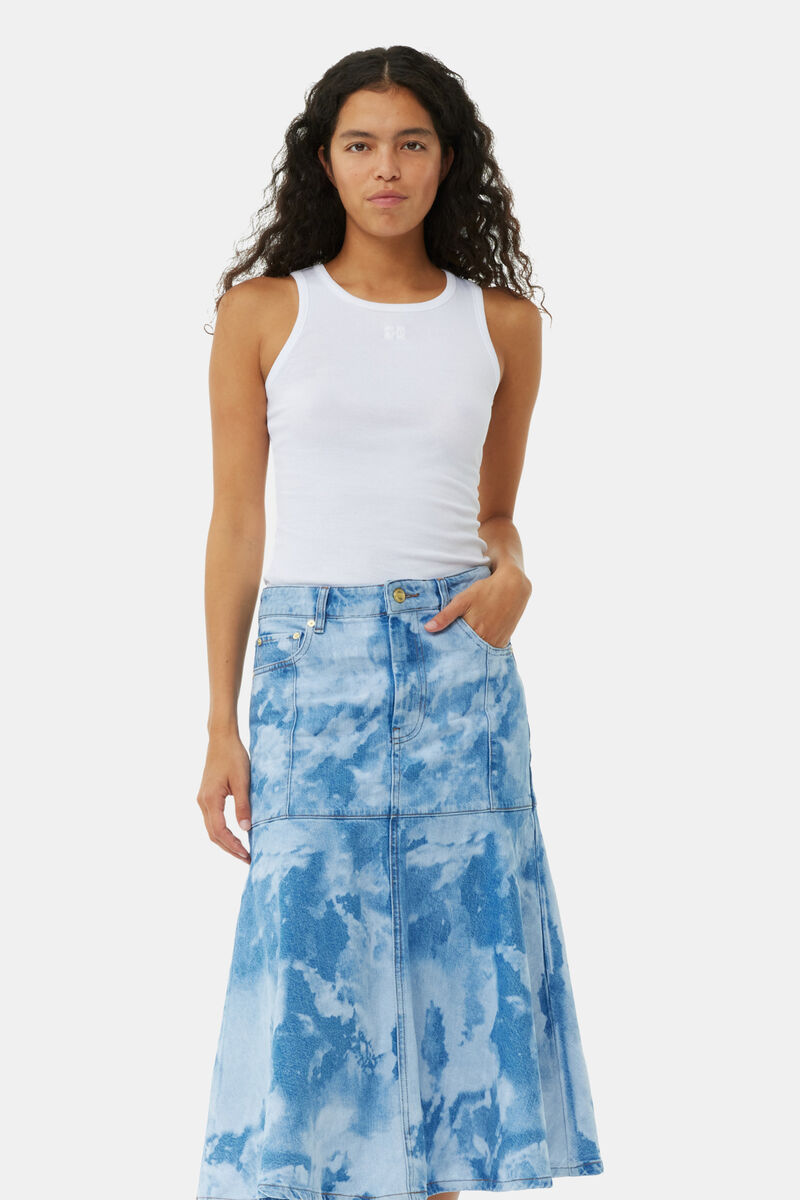 Blue Bleach Denim Flounce Midi Nederdel, Cotton, in colour Light Blue Stone - 2 - GANNI