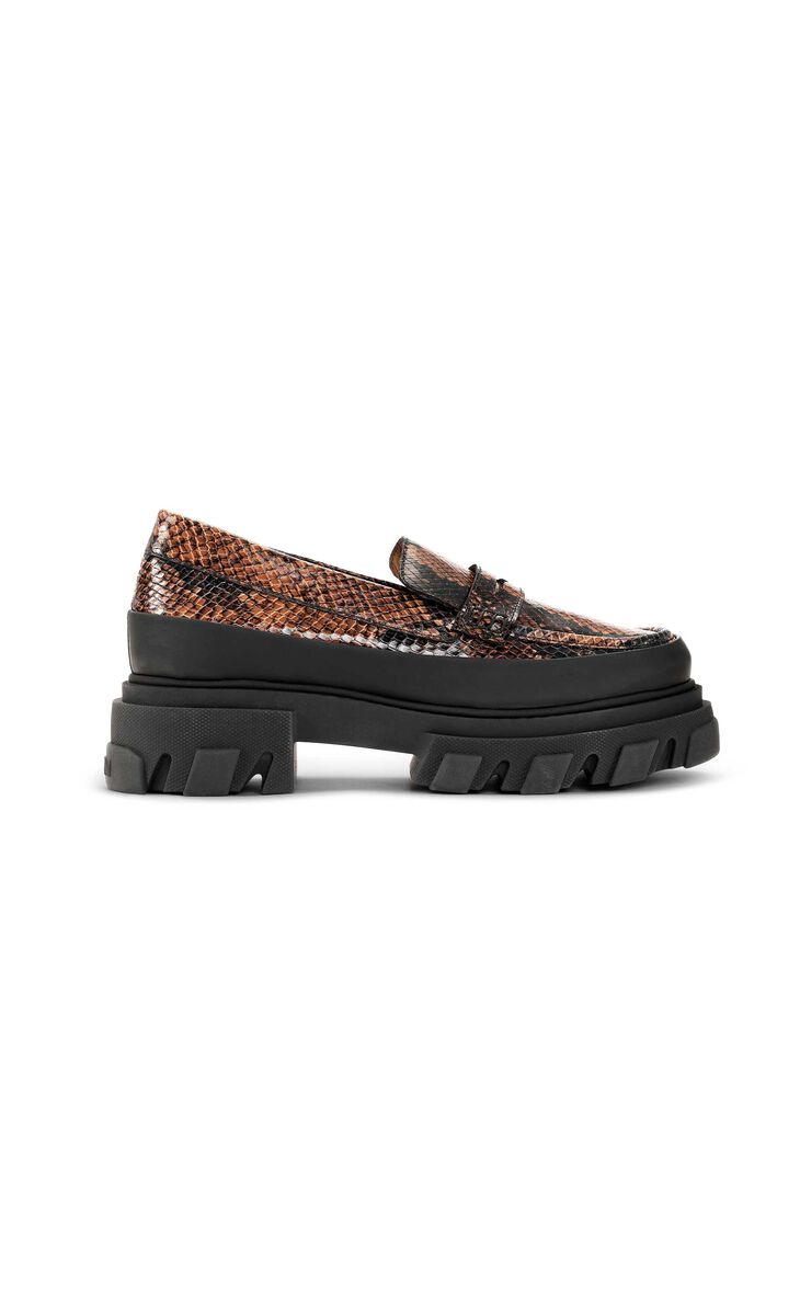 Chunky loafers med slangeskindsmønster, Leather, in colour Cognac - 1 - GANNI