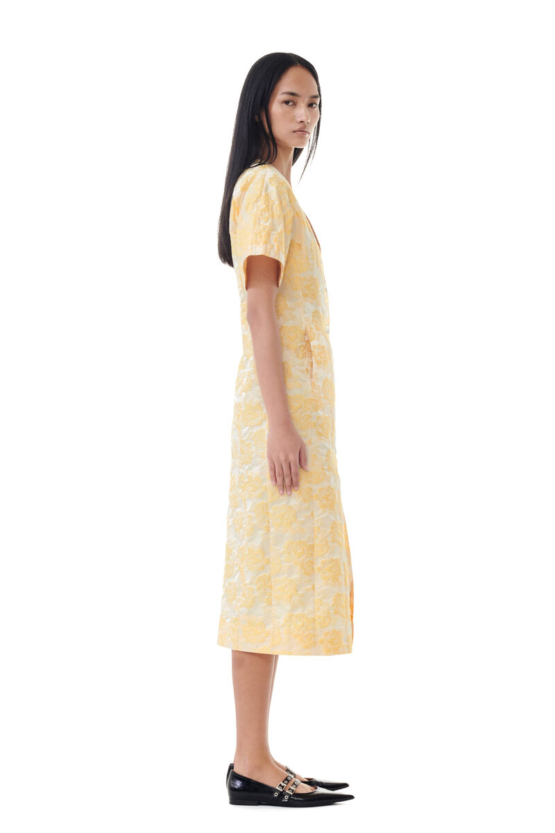 Yellow Botanical Jacquard Midi Dress, Polyamide, in colour Flan - 3 - GANNI