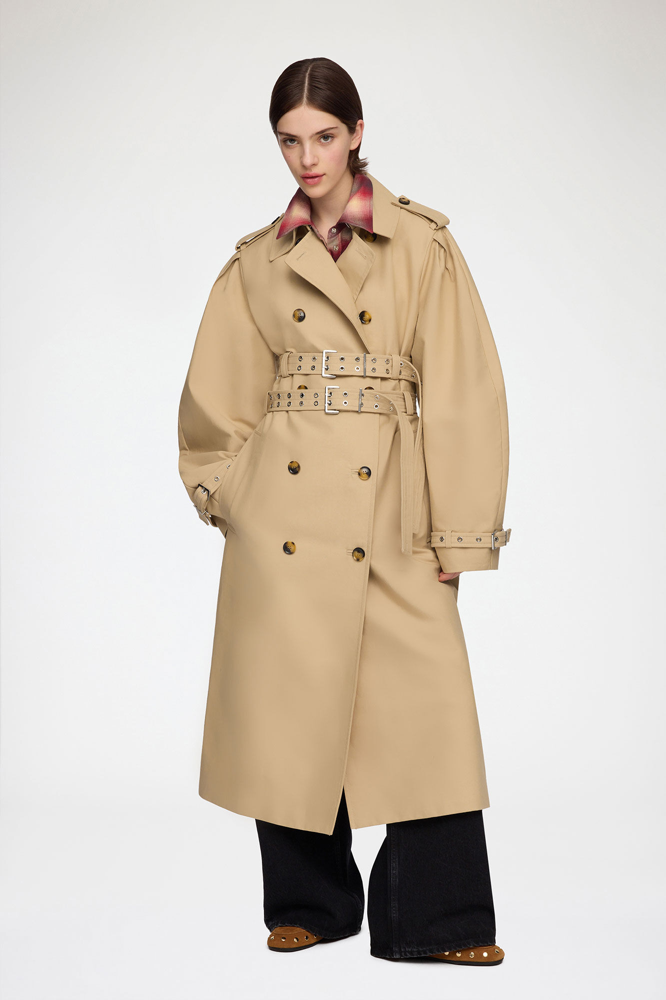 Trench Coat in Double Cotton, Organic Cotton, in colour Warm Sand - 1 - GANNI