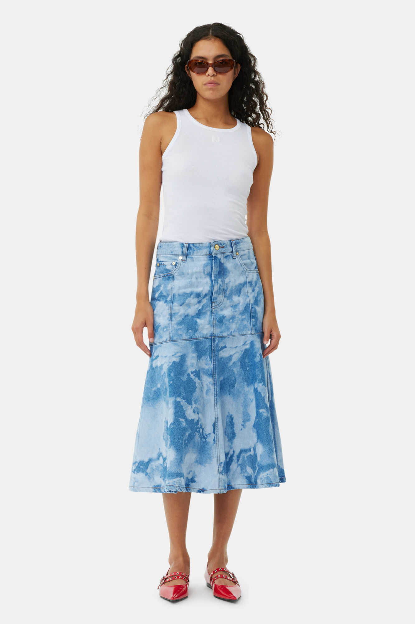 Blue Bleach Denim Flounce Midi Nederdel, Cotton, in colour Light Blue Stone - 1 - GANNI