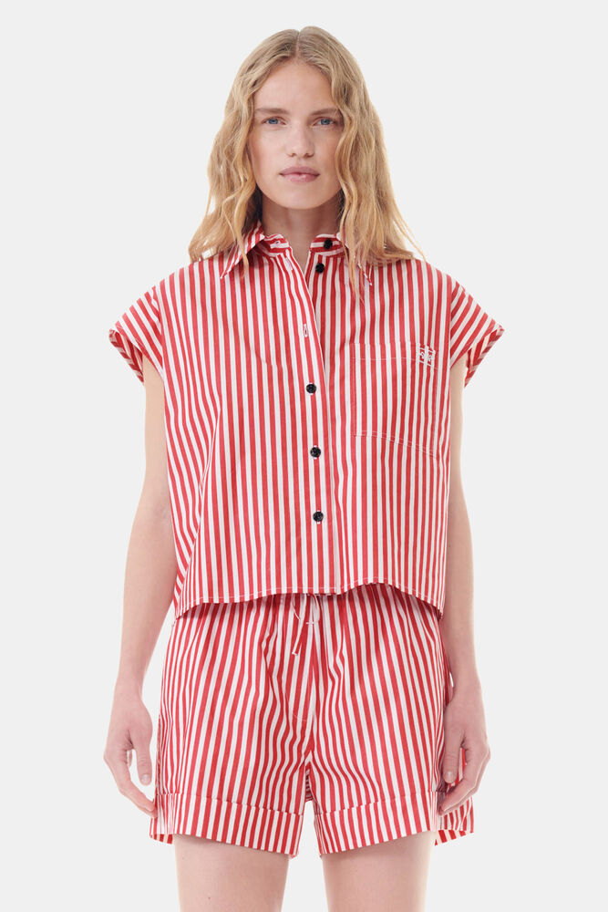Red Stripe Cotton Tie Collar Shirt, Barbados Cherry