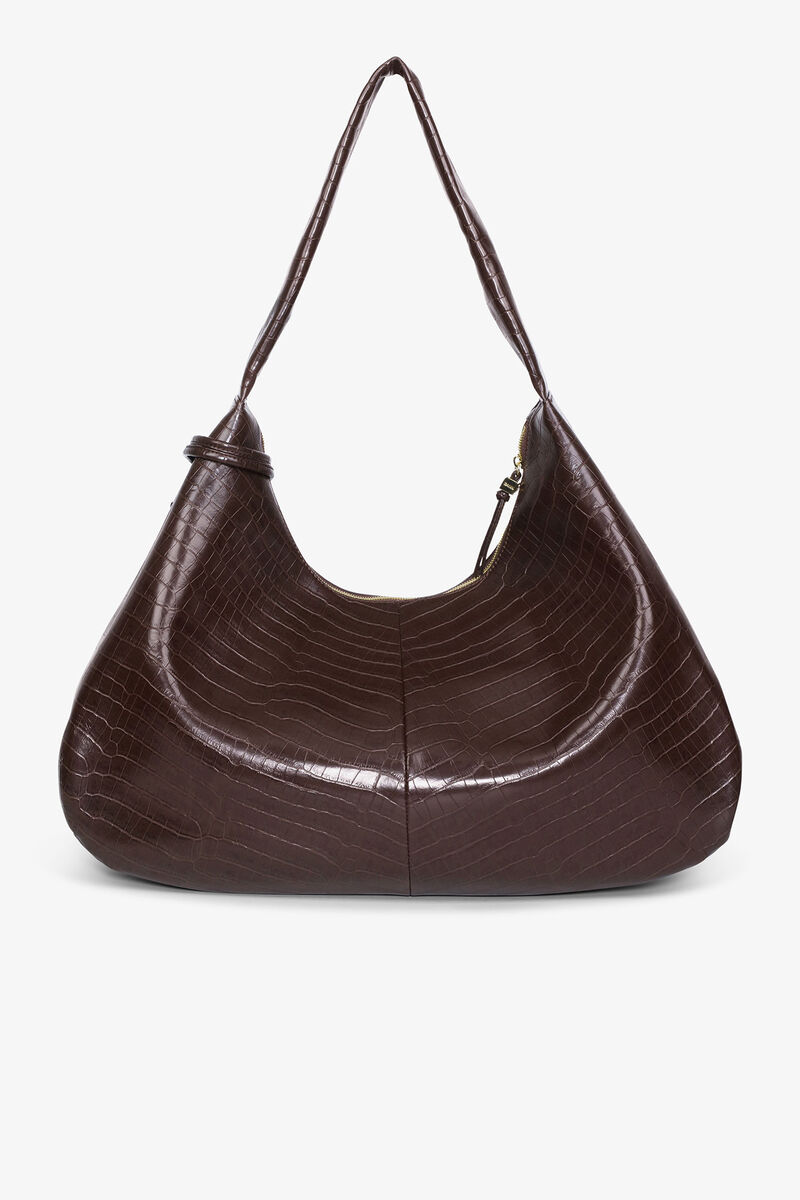 Brown Croco XXL Hobo Bag, Lyocell, in colour Chocolate Fondant - 3 - GANNI
