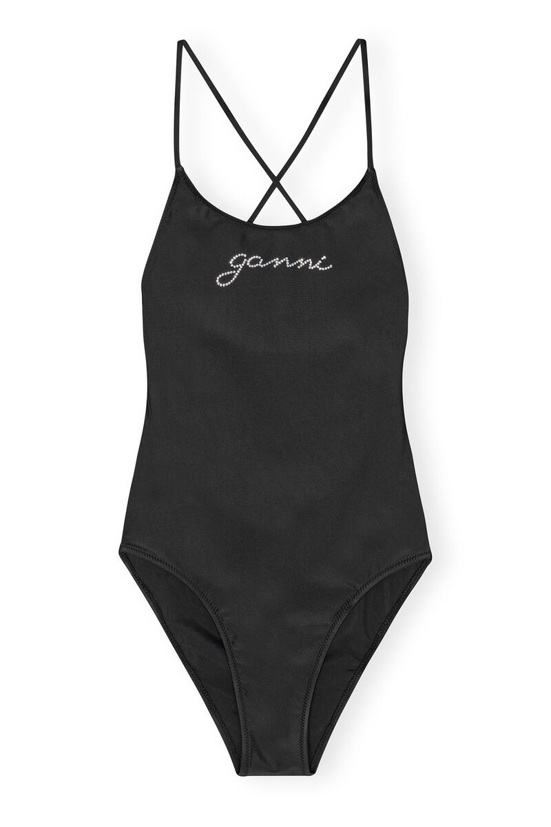 Black Recycled Tie String Swimsuit, Elastane, in colour Black - 1 - GANNI
