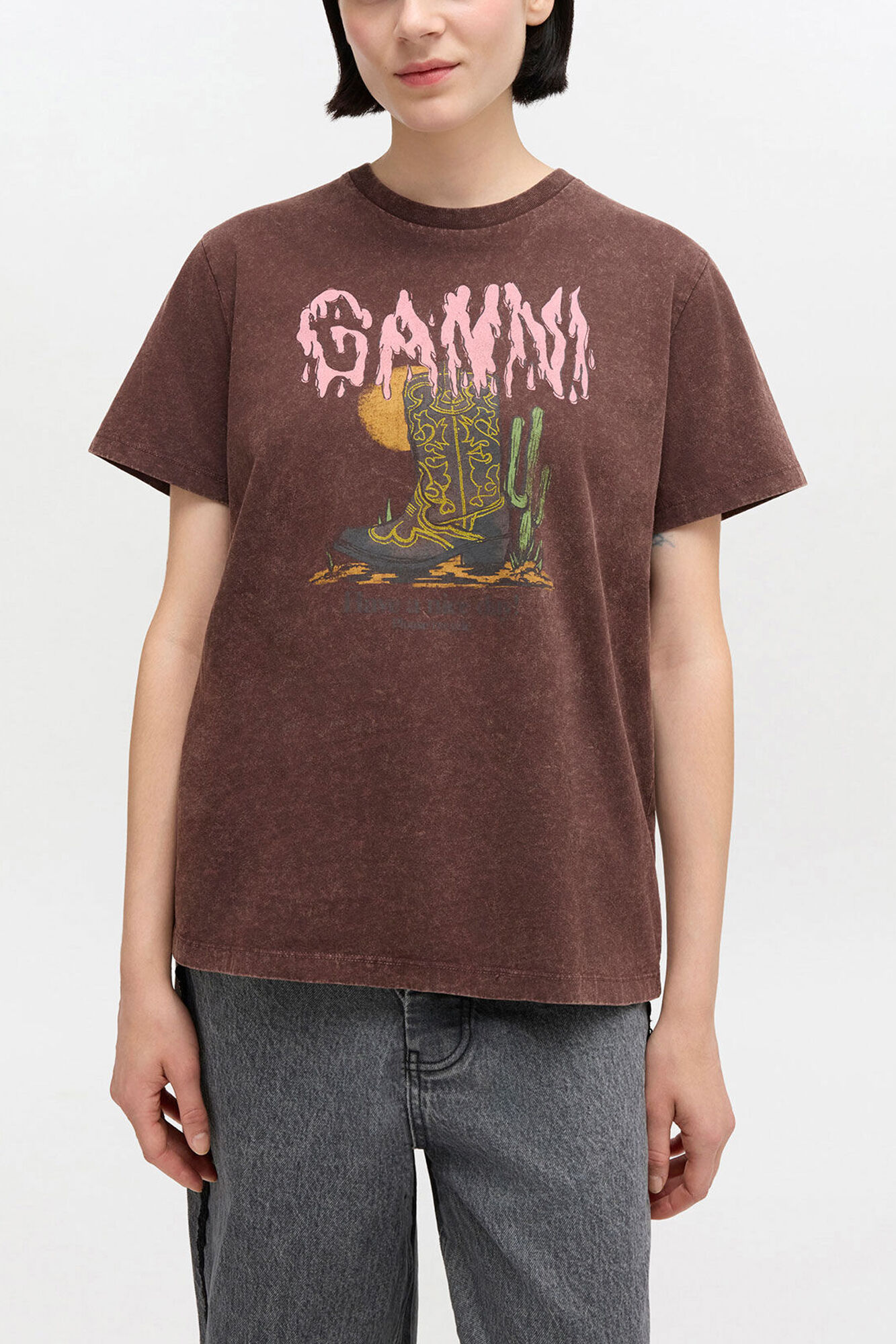 Vintage Wash T-shirt, Recycled Cotton, in colour Chocolate Plum - 1 - GANNI