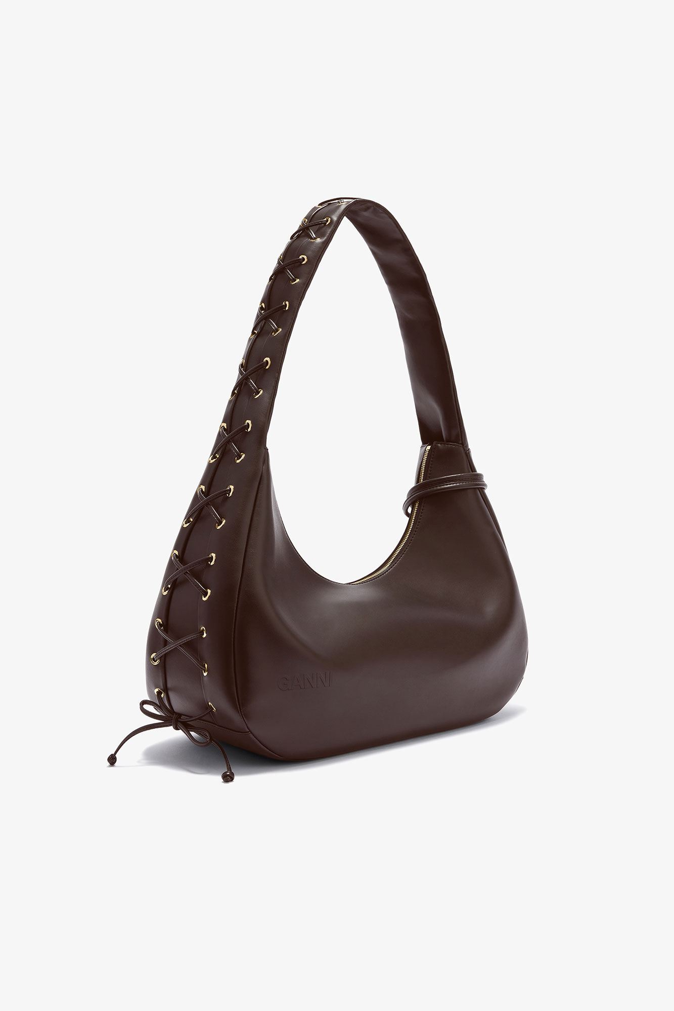 Brun medium hoboväska med snörning, Polyester, in colour Chocolate Torte - 2 - GANNI