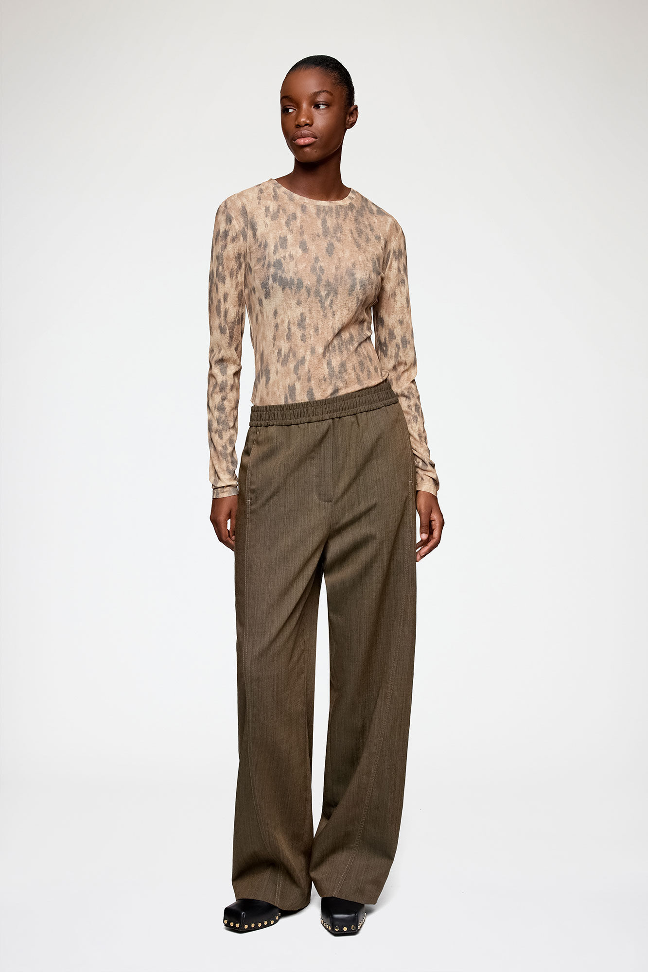 Trousers in Brown Wool Melange, Recycled Wool, in colour Canteen - 1 - GANNI