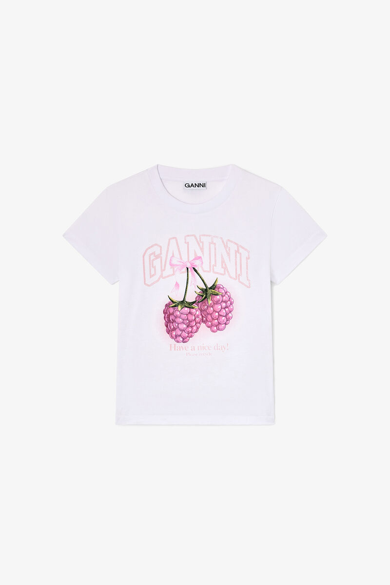 ラズベリープリントのベビーフィットTシャツ, Organic Cotton, in colour Bright White - 1 - GANNI