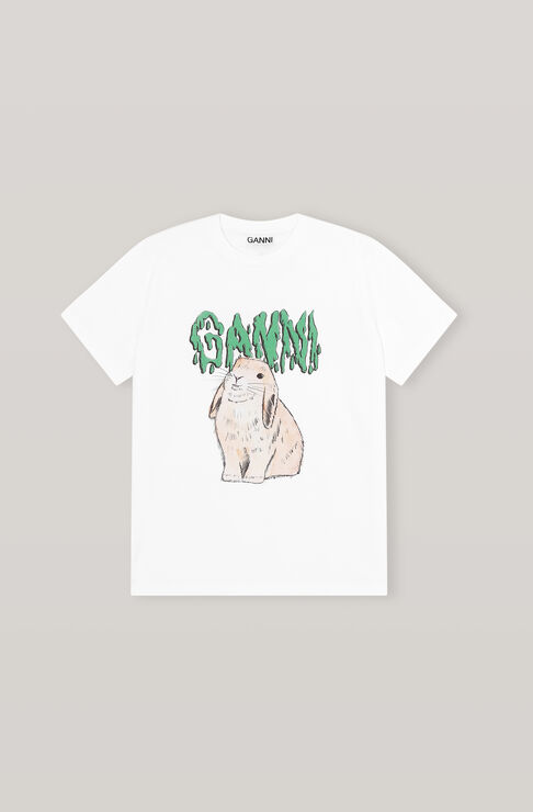 Shop Ganni Short Sleeved Graphic Bunny Jersey T-shirt In White