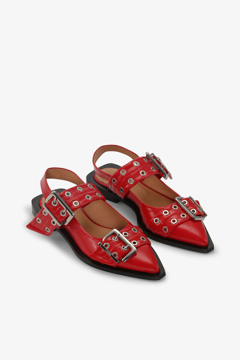 Feminine Buckle Ballerinas in Red, Polyurethane, in colour Racing Red - 3 - GANNI
