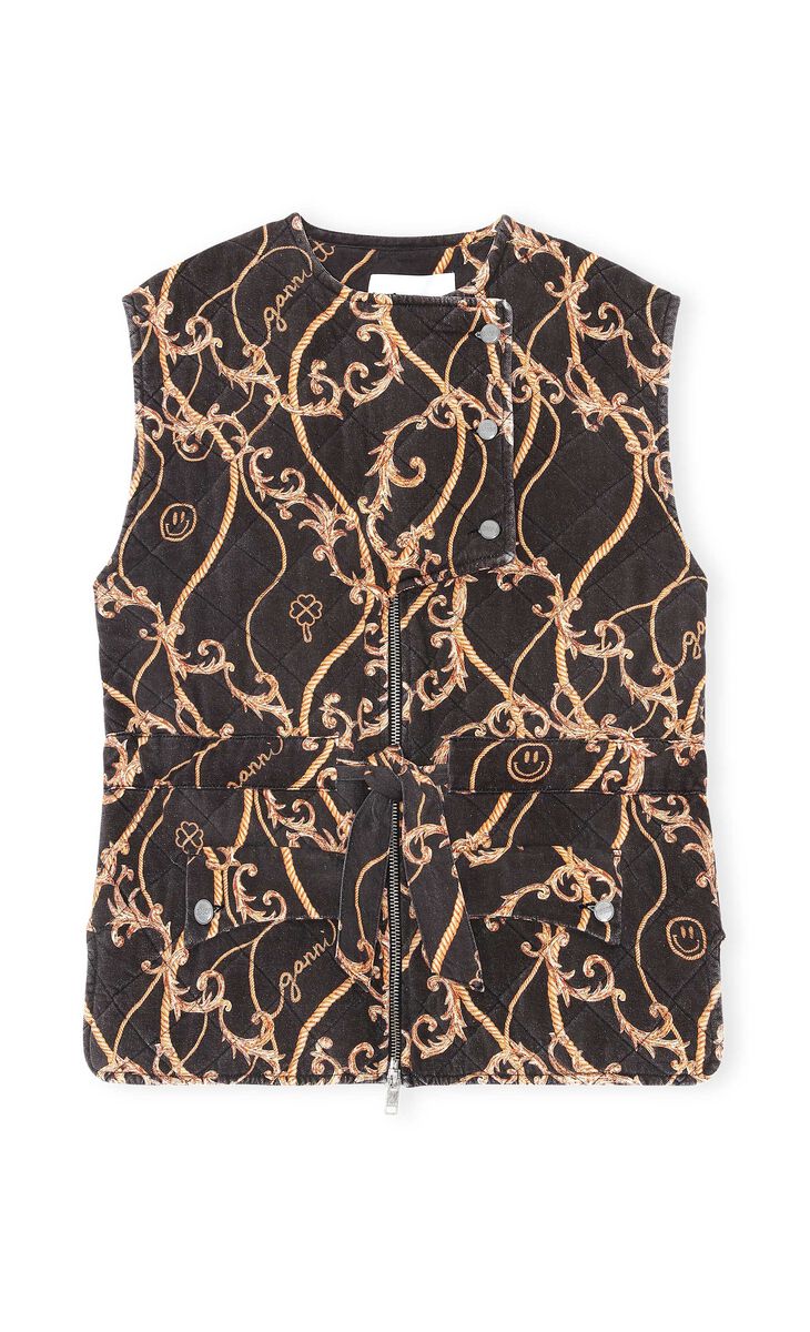 Quilted Denim Drawstring Vest, Cotton, in colour Black - 1 - GANNI