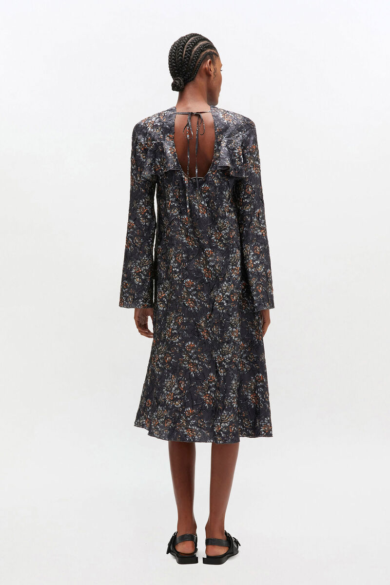 Black Floral Ruffle Dress, Recycled Polyester, in colour Black - 2 - GANNI